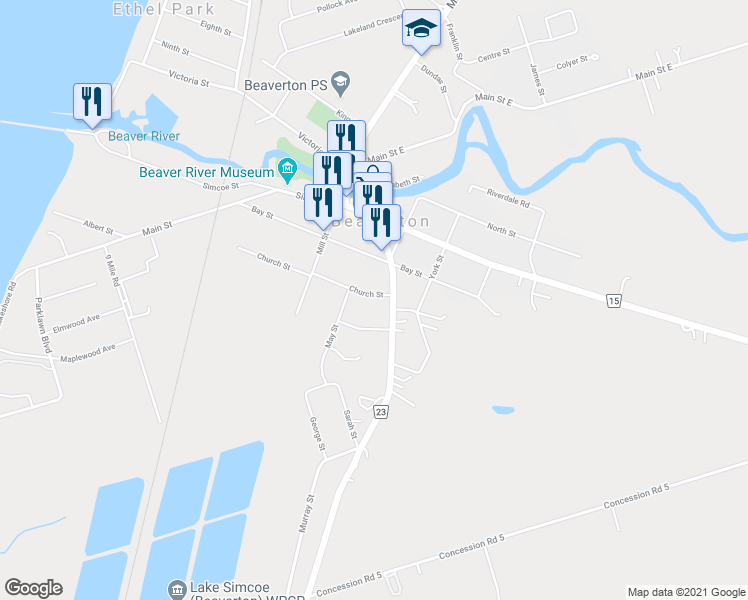 map of restaurants, bars, coffee shops, grocery stores, and more near 401 Church Street in Beaverton