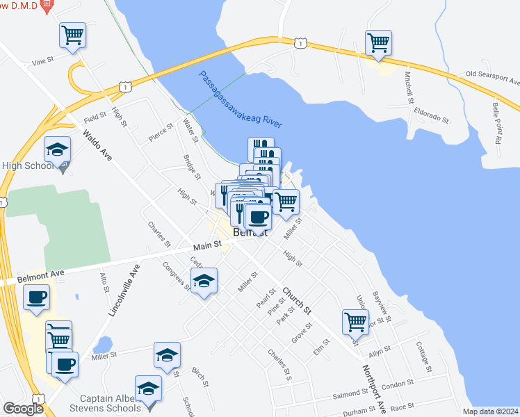 map of restaurants, bars, coffee shops, grocery stores, and more near 28 Main Street in Belfast