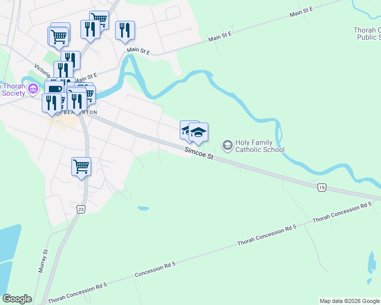 map of restaurants, bars, coffee shops, grocery stores, and more near 637 Simcoe Street in Brock