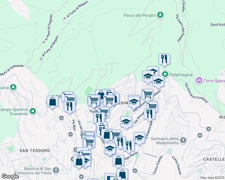 map of restaurants, bars, coffee shops, grocery stores, and more near 45 Via Vesuvio in Genova