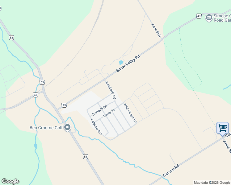 map of restaurants, bars, coffee shops, grocery stores, and more near 47 Bearberry Road in Minesing