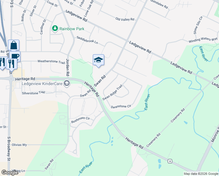 map of restaurants, bars, coffee shops, grocery stores, and more near 2209 Swanstone Circle in De Pere