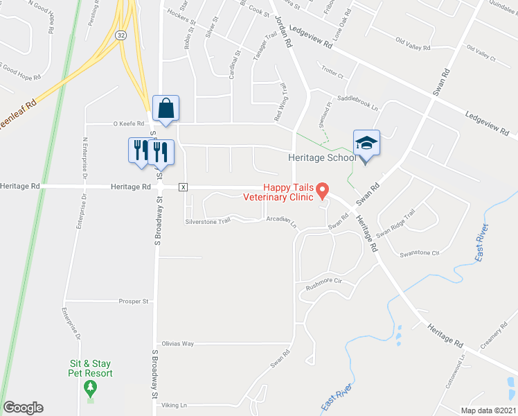 map of restaurants, bars, coffee shops, grocery stores, and more near 1440 Silverstone Trail in De Pere