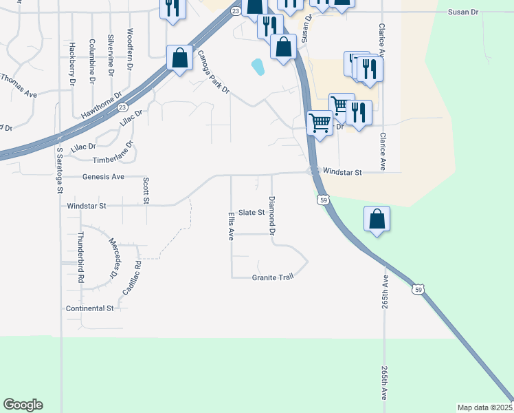 map of restaurants, bars, coffee shops, grocery stores, and more near 1107 Slate Street in Marshall
