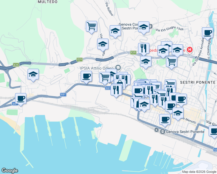 map of restaurants, bars, coffee shops, grocery stores, and more near 33 Via Merano in Genova