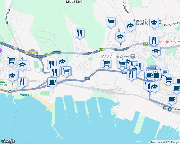 map of restaurants, bars, coffee shops, grocery stores, and more near 9 Via Castagnevizza in Genova