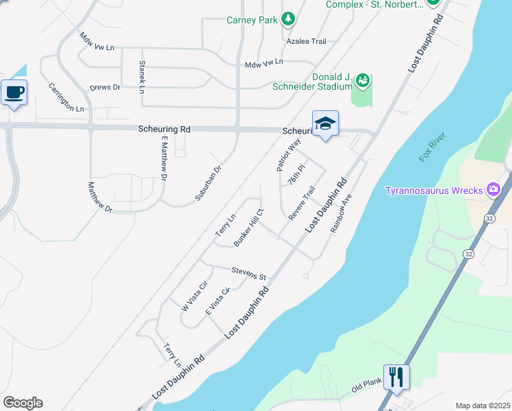 map of restaurants, bars, coffee shops, grocery stores, and more near 1807 Bunker Hill Court in De Pere