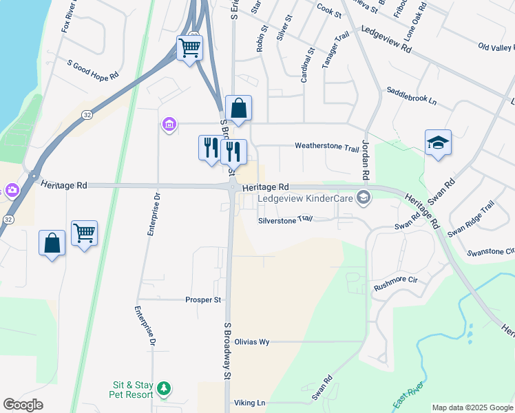 map of restaurants, bars, coffee shops, grocery stores, and more near 1440 Silverstone Trail in De Pere