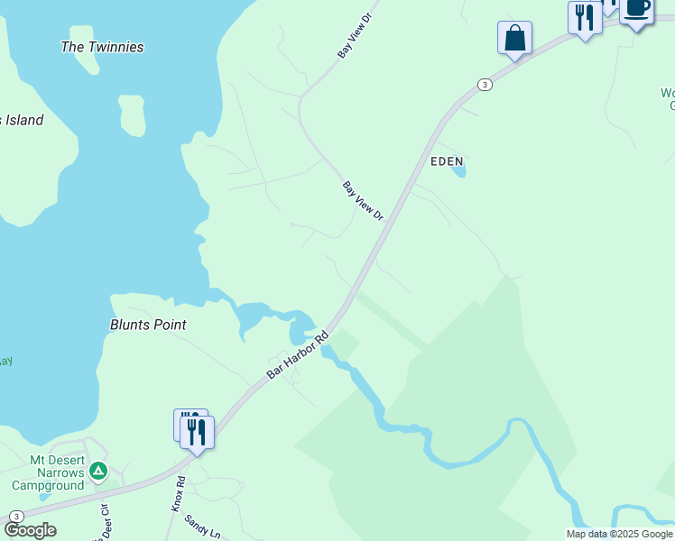 map of restaurants, bars, coffee shops, grocery stores, and more near 23 Kings Creek Court in Bar Harbor