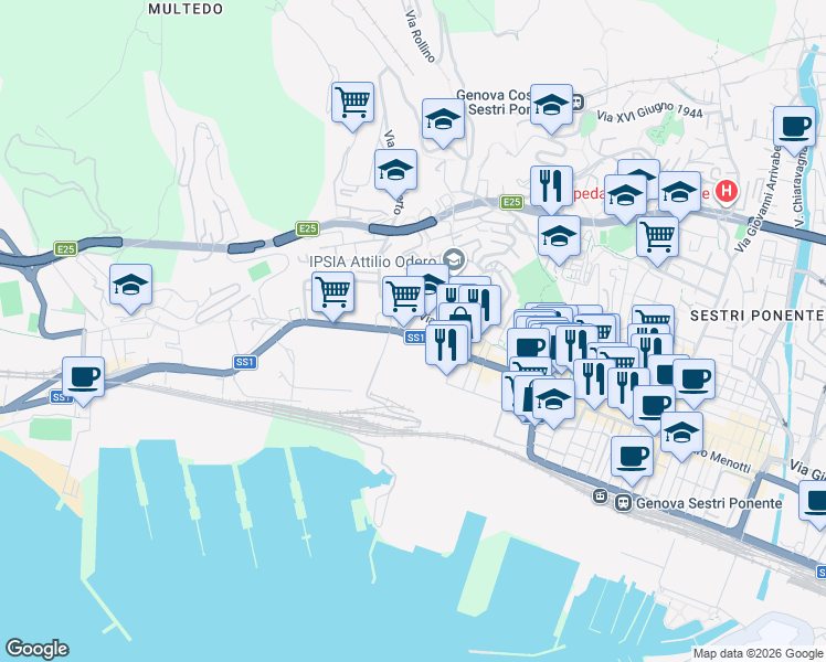map of restaurants, bars, coffee shops, grocery stores, and more near 33 Via Merano in Genova