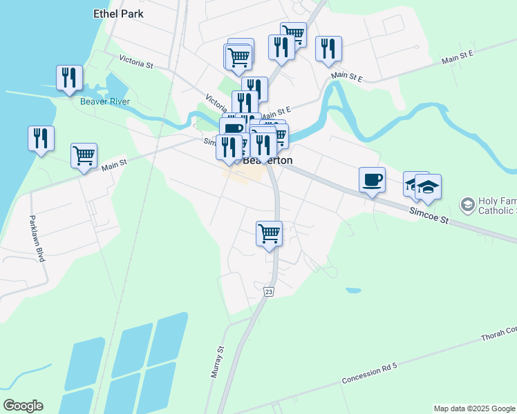 map of restaurants, bars, coffee shops, grocery stores, and more near 390 Church Street in Beaverton