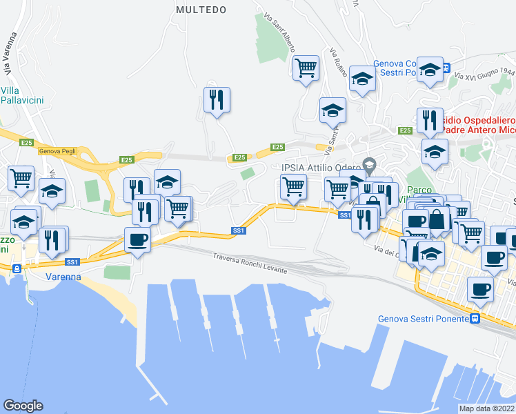 map of restaurants, bars, coffee shops, grocery stores, and more near 2 Via Castagnevizza in Genova