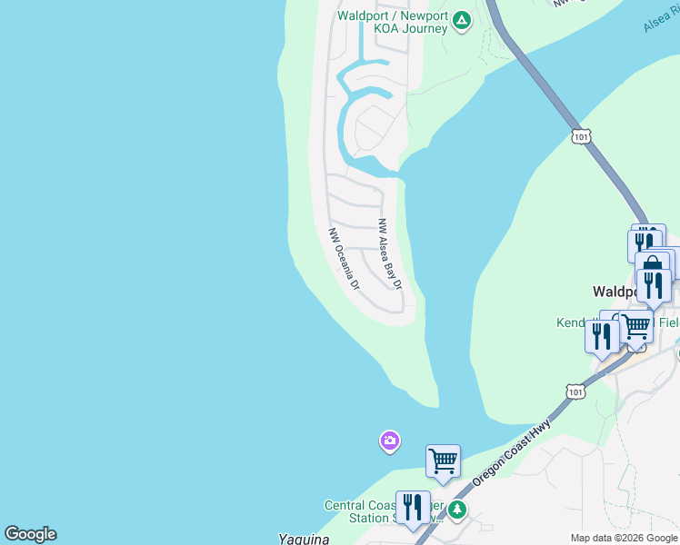 map of restaurants, bars, coffee shops, grocery stores, and more near 118 Northwest Oceania Drive in Waldport