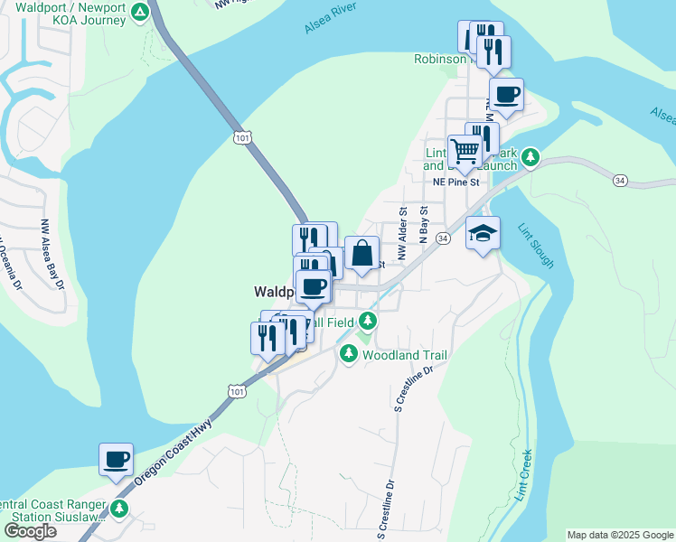 map of restaurants, bars, coffee shops, grocery stores, and more near 545 Northwest Hemlock Street in Waldport