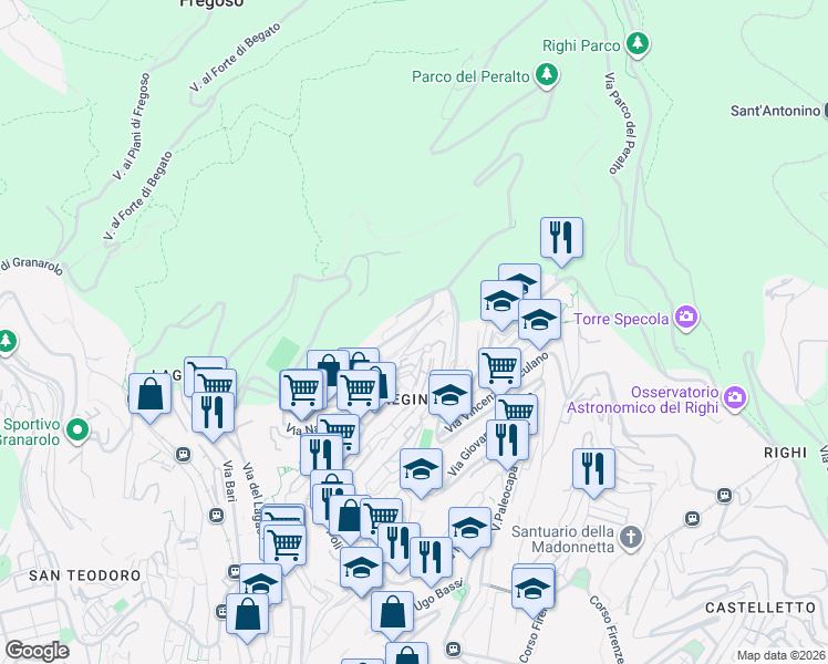 map of restaurants, bars, coffee shops, grocery stores, and more near 38 Via Vesuvio in Genoa