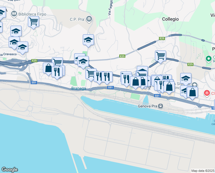 map of restaurants, bars, coffee shops, grocery stores, and more near in Genoa