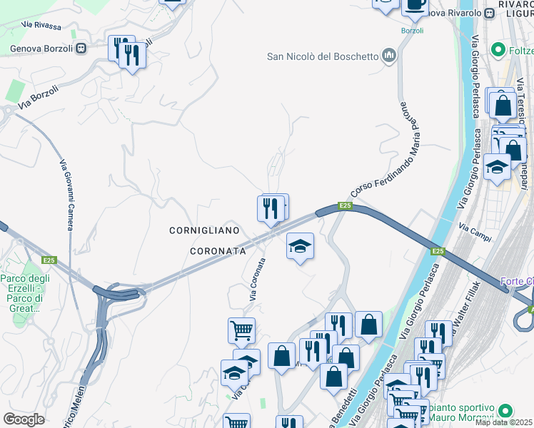 map of restaurants, bars, coffee shops, grocery stores, and more near 2 Via del Boschetto in Genova