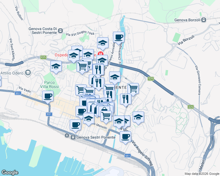 map of restaurants, bars, coffee shops, grocery stores, and more near in Genoa