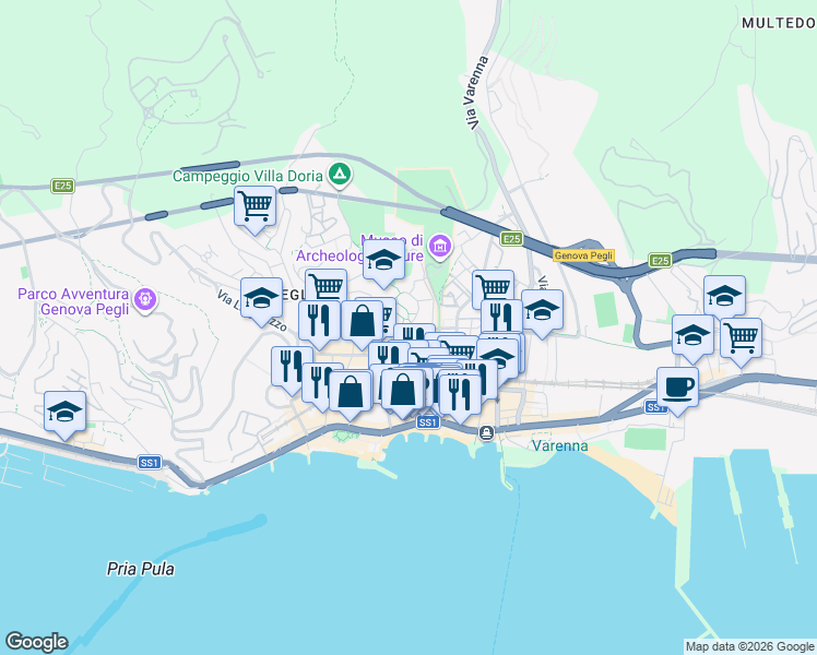 map of restaurants, bars, coffee shops, grocery stores, and more near Via Vincenzo Monti in Genova