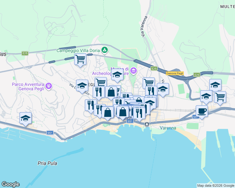 map of restaurants, bars, coffee shops, grocery stores, and more near Via Vincenzo Monti in Genoa