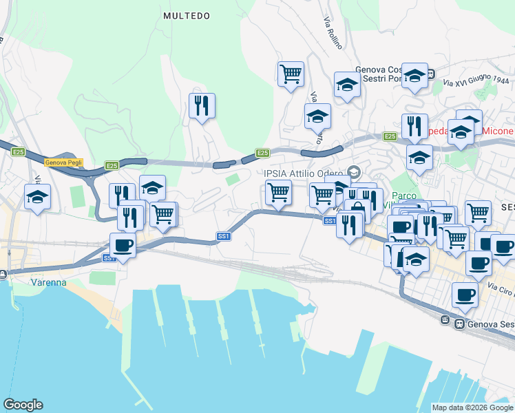 map of restaurants, bars, coffee shops, grocery stores, and more near 2 R Via Multedo di Pegli in Genova