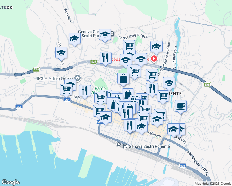 map of restaurants, bars, coffee shops, grocery stores, and more near Via Fabio da Persico in Genoa