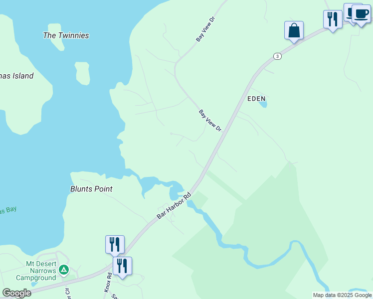 map of restaurants, bars, coffee shops, grocery stores, and more near 23 Kings Creek Court in Bar Harbor
