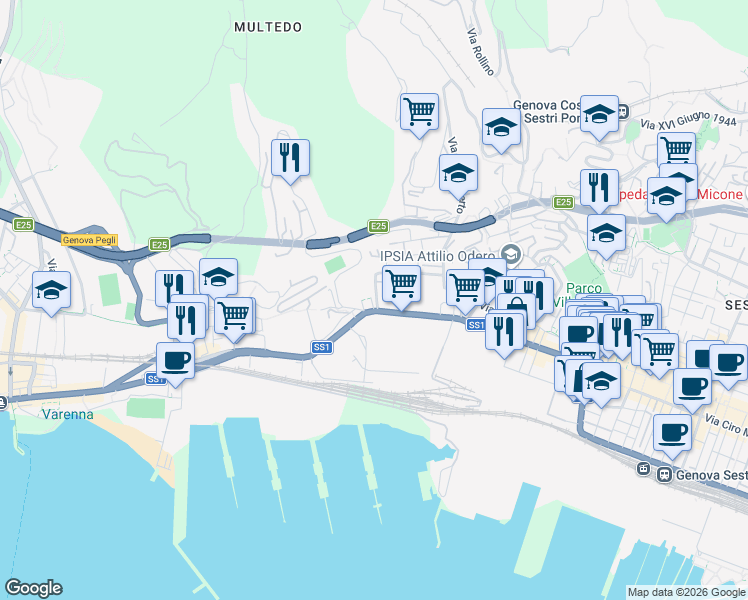 map of restaurants, bars, coffee shops, grocery stores, and more near 2 Via della Insurrezione 23 - 25 Aprile 1945 in Genoa