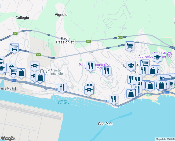 map of restaurants, bars, coffee shops, grocery stores, and more near 26 Via Laviosa in Genova