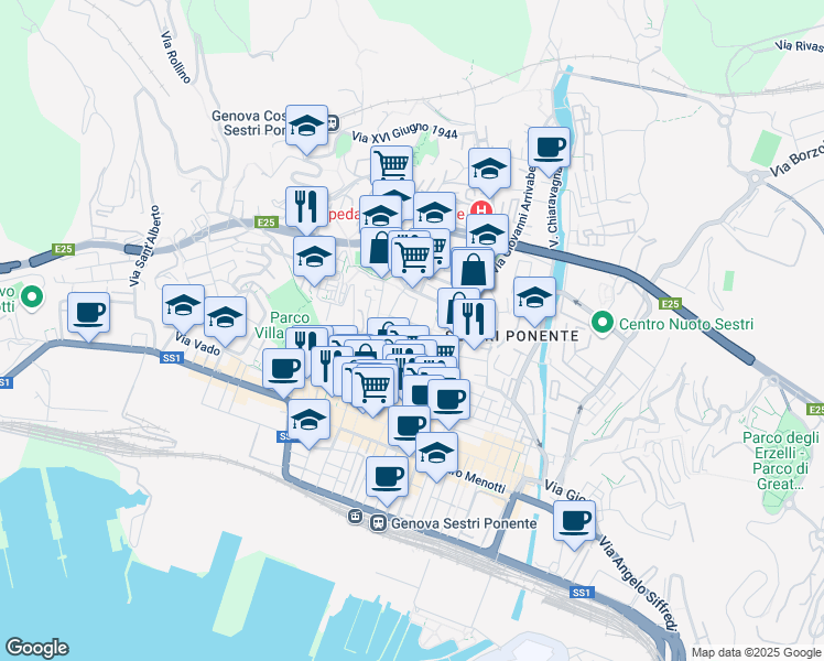 map of restaurants, bars, coffee shops, grocery stores, and more near 14 Via San Luigi in Genoa