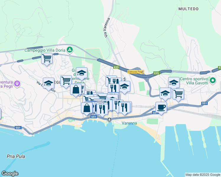 map of restaurants, bars, coffee shops, grocery stores, and more near Via Diciotto Fanciulli in Genova