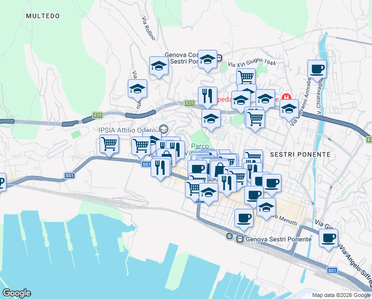 map of restaurants, bars, coffee shops, grocery stores, and more near 9 Via Antonio Manno in Genova