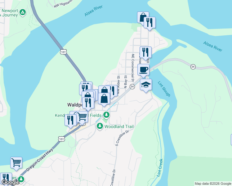 map of restaurants, bars, coffee shops, grocery stores, and more near 218-220 Spruce St in Waldport