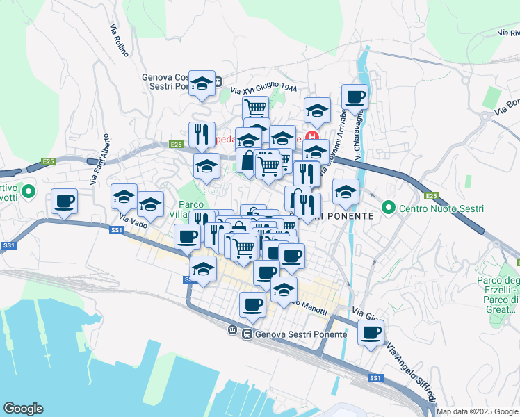 map of restaurants, bars, coffee shops, grocery stores, and more near 14 Via San Luigi in Genova