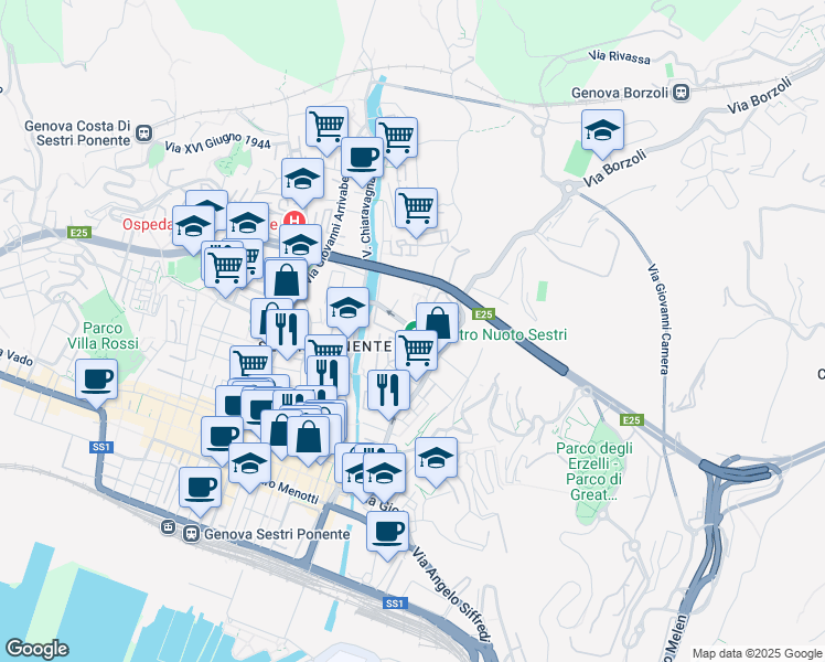 map of restaurants, bars, coffee shops, grocery stores, and more near 5 Via Pier Domenico da Bissone in Genoa