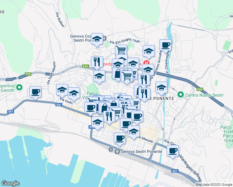 map of restaurants, bars, coffee shops, grocery stores, and more near 1a Via San Giovanni Battista in Genova