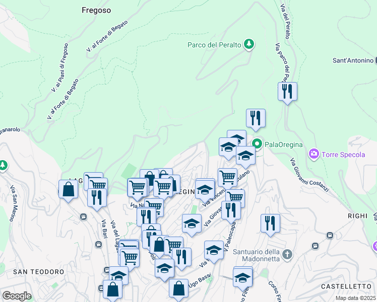 map of restaurants, bars, coffee shops, grocery stores, and more near 54 Via Vesuvio in Genova