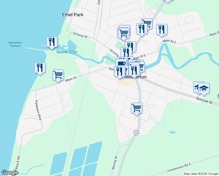 map of restaurants, bars, coffee shops, grocery stores, and more near 282 Church Street in Beaverton