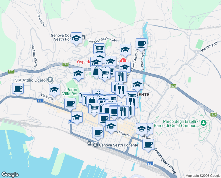 map of restaurants, bars, coffee shops, grocery stores, and more near 1 Via Malmistra in Genoa