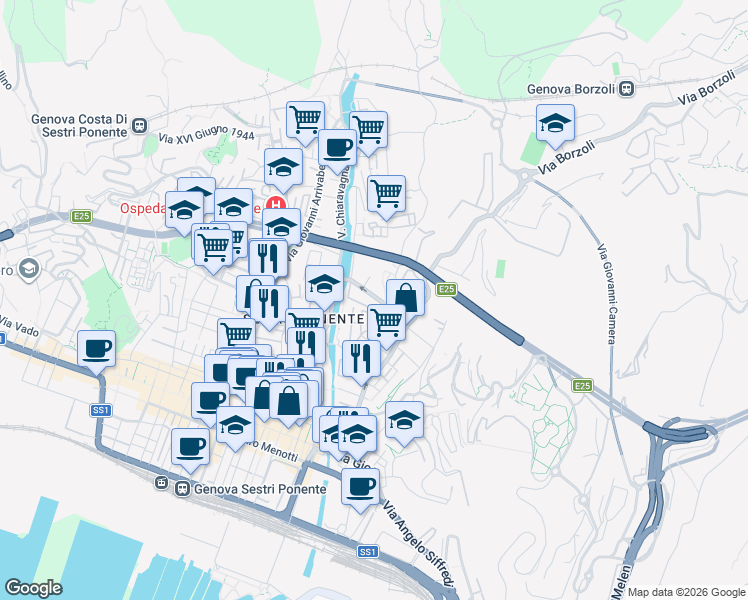 map of restaurants, bars, coffee shops, grocery stores, and more near 5 Via Pier Domenico da Bissone in Genoa