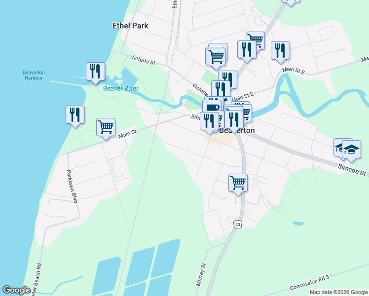 map of restaurants, bars, coffee shops, grocery stores, and more near 282 Church Street in Beaverton