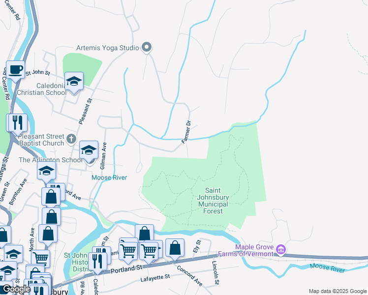 map of restaurants, bars, coffee shops, grocery stores, and more near 309 Farmer Drive in Saint Johnsbury