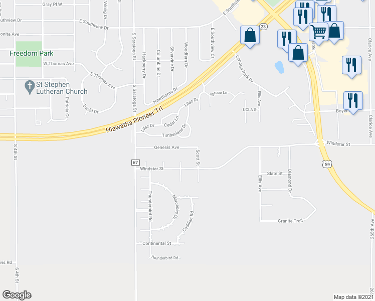 map of restaurants, bars, coffee shops, grocery stores, and more near 606 Genesis Avenue in Marshall