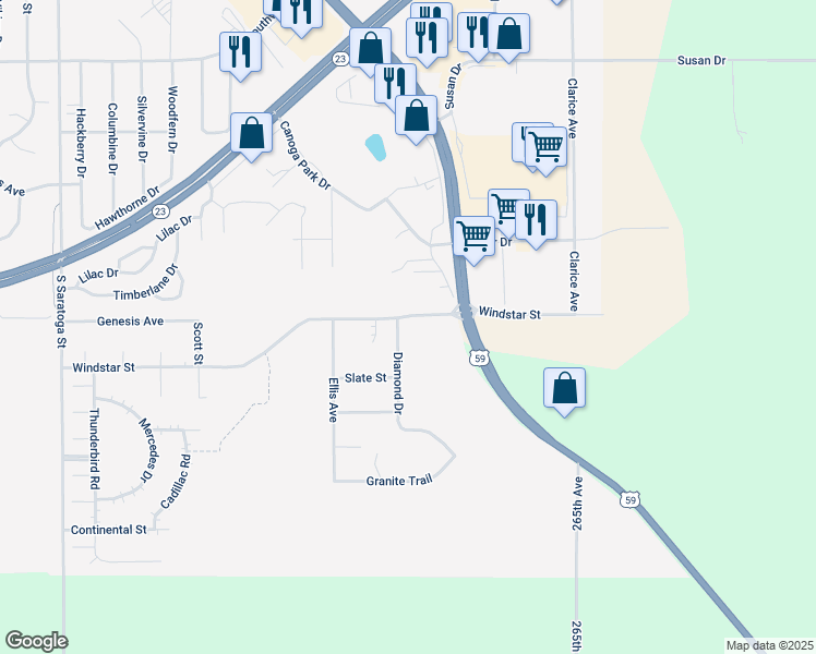 map of restaurants, bars, coffee shops, grocery stores, and more near 1501 Diamond Drive in Marshall