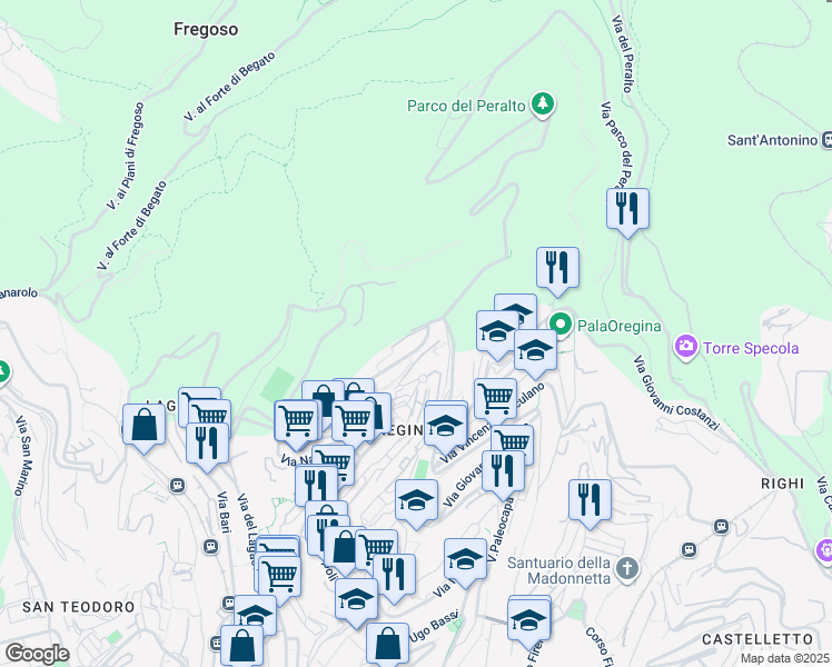 map of restaurants, bars, coffee shops, grocery stores, and more near 54 Via Vesuvio in Genova