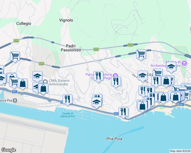 map of restaurants, bars, coffee shops, grocery stores, and more near 26 Via Laviosa in Genova