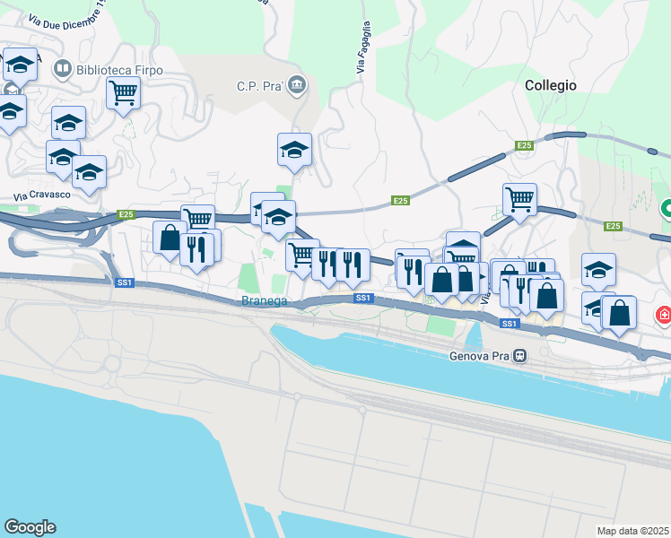 map of restaurants, bars, coffee shops, grocery stores, and more near 73 Via Zuccarello in Genova