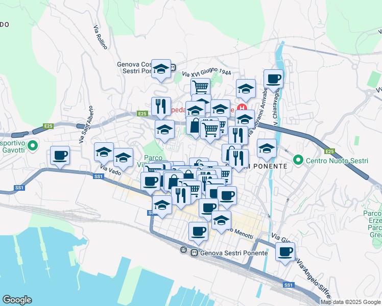 map of restaurants, bars, coffee shops, grocery stores, and more near 1A Via San Giovanni Battista in Genova