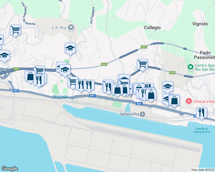 map of restaurants, bars, coffee shops, grocery stores, and more near Via Albenga in Genova