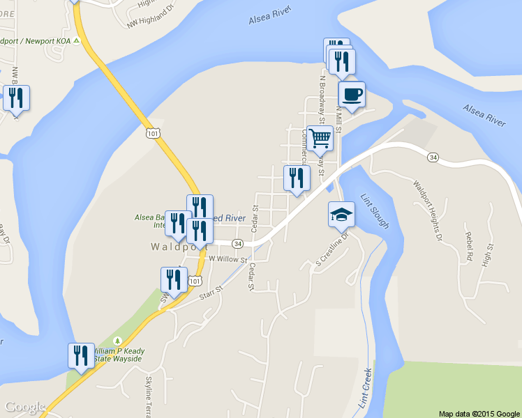 map of restaurants, bars, coffee shops, grocery stores, and more near 220 Spruce Street in Waldport